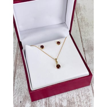 Helzberg Diamonds 10k Yellow Gold Garnet Diamond Necklace and Earrings Set 