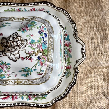 Vintage Indian Tree pattern Tureen or Covered Dish by Samson Hancock and Sons, Stoke on Trent, England: Hand Painted, Chinoiserie 