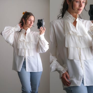 Vintage 80s INTERNATIONAL MALE Romantic Crisp White Poet Sleeve Blouse w/ Ruffle Tie Neck | Made in Hong Kong | 1980s Designer Blouse 