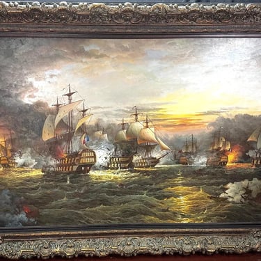 Oil Painting, Old Spanish Galleons Battle Scene, On Canvas or Giclee, Ornate Fra
