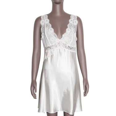 White Floral Lace Satin Slip Dress Womens Lingerie Nightgown Size L 