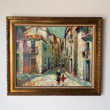 Vintage “Calle De Málaga, España” Impressionist Oil on Canvas Painting – Framed 