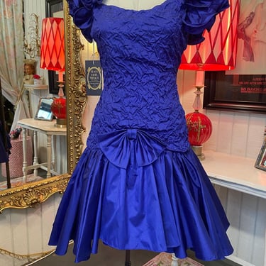 vintage 1980s blue ruffled prom dress mermaid fishtail off shoulders 80s fashion 