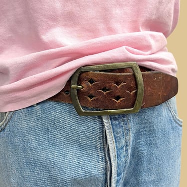 Vintage Leather Diamond Cut Belt 1980s Retro Womens + Western + No Size Tag + Brown + Gold/Brass Buckle + Jeans Belt + Bohemian Accessory 