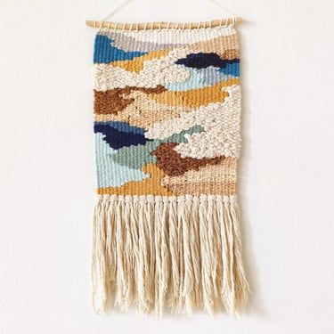Wall Weaving/Hanging - Woven Tapestry - Mustard, Blue, Brown - Raffia - Boho Fiber Art - Handwoven Weave -Nursery Art (C) 
