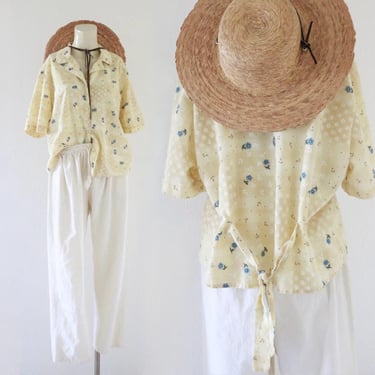 tie back floral top - m - vintage 90s cottage cottagecore floral button short sleeve crop size medium shirt blouse 