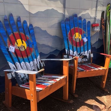 Patio Set of 2 Ski Chairs Colorado Flag mural with mountains & trees, Medium Chair, Pinecone Art Chair, Wood Ski Chair, Hand painted 