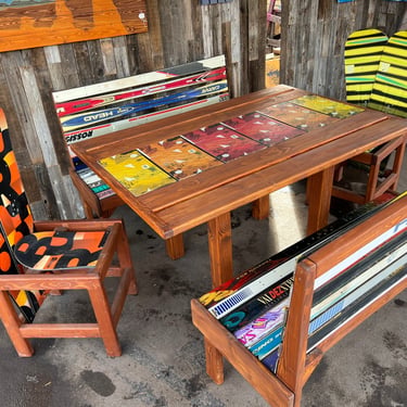 Outdoor Patio Set of 5- Includes: 2 Ski Benches, 2 Snowboard dining chairs, 1 Outdoor Dining table with snowboard runner, table 