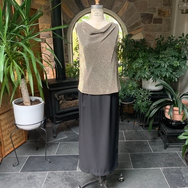 Vintage 1990s Metallic Gold and Black Maxi Evening Cocktail Dress R & M Richards by Karen Kwong 