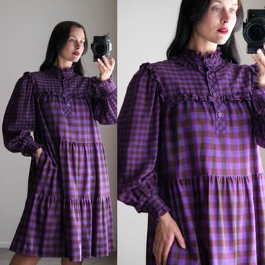 Vintage 80s YSL Yves Saint Laurent Purple Plaid Prairie Style Layered Bohemian Summer Longline Dress | Garden Party Dress | 1980s Archival 