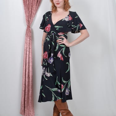 Vintage 1980s Dress / 80s  Norma Kamali Floral Bias Cut Dress / Black Pink ( XS S ) 
