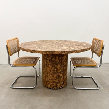 Vintage Round Cork Pedestal Dining Table – MCM 70s Minimalist Retro Burlwood 80s Postmodern - Seats 4 