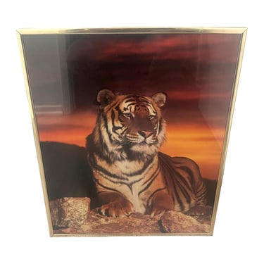 Vintage postmodern 1980s print tiger wall art picture gold frame 