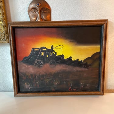 Vintage Western Stagecoach Oil Painting Framed | Cowboy Horse Carriage Sunset Art | Rustic Western Wall Decor 