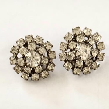 Vintage 1950’s round rhinestone earrings, midcentury era, sparkle 