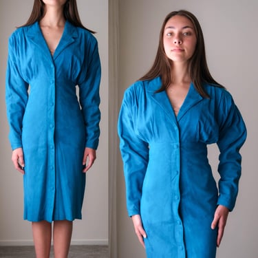 Vintage 80s Leather Gallery by Linea Fela Turquoise Suede Exaggerated Broad Shoulder Button Front Dress | 1980s North Beach Style Dress 