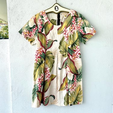 Vintage Hawaiian Shortie Muumuu Sun Babies Barkcloth Hawaii Floral Ginger Dress 