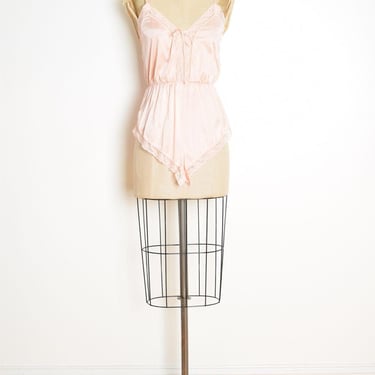 vintage 80s teddy pink nylon lace lingerie romper bodysuit cami negligee S M 