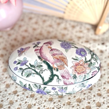 Ceramic Trinket Dish, Porcelain Box with Lid, Floral Birds Butterfly Jewelry Box, Vintage Dresser Top Decor 