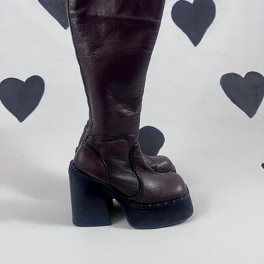 90s y2k Sonax chunky platform boots 2000s club kid raver tall knee high black dark brown leather square toe go-go boots stompy size 7 