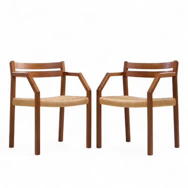 Jorgen Henrik Moller for J.L. Moller Mobelfabrik Mid Century Danish Teak and Paper Cord Dining Chairs - Pair - mcm 