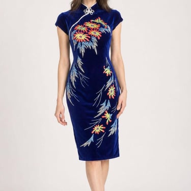 Vintage Navy Blue Velvet Floral Qipao Dress Size Small Mandarin Collar Cheongsam 