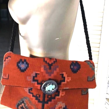 Vintage Southwestern Native American Themed Soft Crossbody Bag / Buffalo Button 