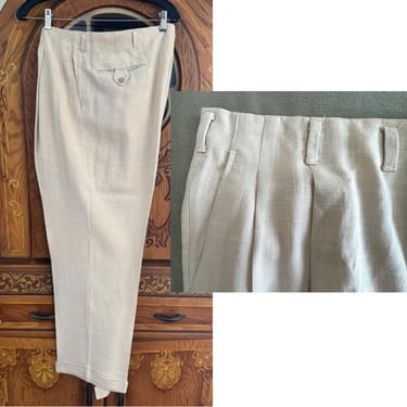 Killer Vintage 1940's Pleated Linen Pants with hand over stitching  -Larger size! 