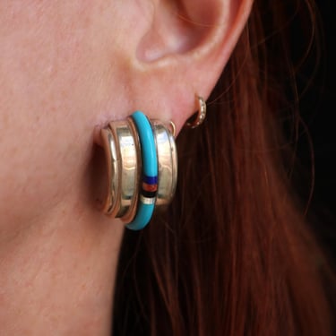 Multi Stone Half Hoop Earrings / Southwest Earrings / Vintage Sterling Jewelry 