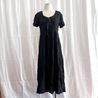 Vintage 1980s • Black Goth Prairie Dress • Crinkle Rayon Prairie Dress • X Small / Small  • California Dates • Made in USA 