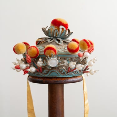 Antique Chinese Theater Hat Warrior's Headdress with Pom Poms - Early 20th Century 