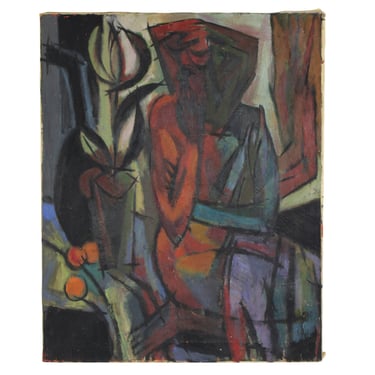 Mid Century Modern Cubist Expressionist Oil Painting of Seated Woman