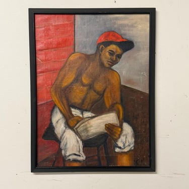 WPA Era Painting of African American Man in Red Cap | Original 1930s Chicago | Signed Oil on Canvas | Coleman Cully 