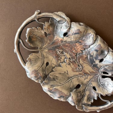 Vintage French Art Nouveau Style Pewter Tray | Embossed Grape Leaf Serving Dish with Vine Handles | Repoussé Metal Centerpiece 