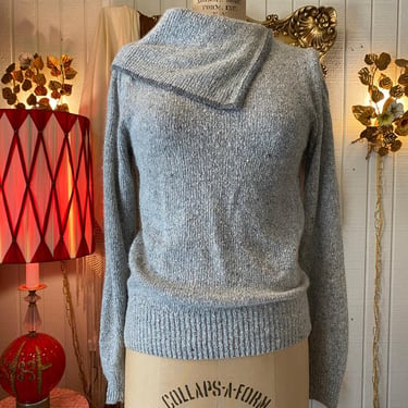 vintage 1980s gray angora sweater, shawl collar, 80s fashion, fabe, asymmetrical 
