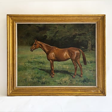 1924 “Chestnut Hunter in a Landscape” Antique Equestrian Horse Painting Oil on Canvas by Alfred Grenfell Haigh 