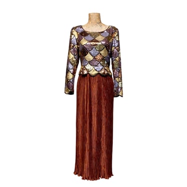1980s Metallic Sequin Evening Gown, I. Magnin Shimmery Fish Scale Maxi Dress w/ Fortuny Pleated Skirt, Formalwear Size 6 US, 36