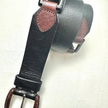 Sharp 2 tone black & brown leather belt~ rich tones~ Y2K classy wide belts size Medium/ 33” -36” w 