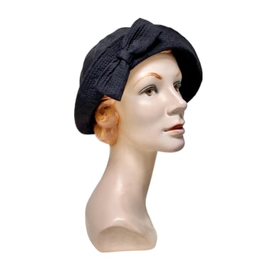Vintage 1950s Black Taiko Fabric Bucket Hat, Herbert Johnson Mid-Century Sou'Wester Style Bonnet, VFG 