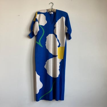 1980s Big Flowers Knit Dress Sweater Dress Antonella Preve New York Color Block 80s 70s 