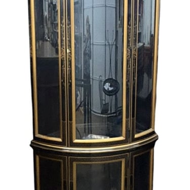 Drexel Et Cetera lighted black/gold chinoiserie corner display cabinet w/ 3 glas