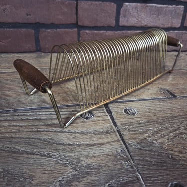 Mid Century MCM Brass Wire Record Holder with Wood Handles 