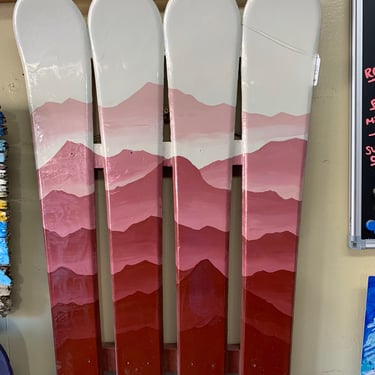 Burgundy mountain mural wall art hand painted on downhill skis, wall art, ski art, wall art, skis, wall art hand painted, oil painting 