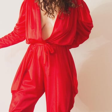1970s Cherry Red Draped Disco Jumpsuit 