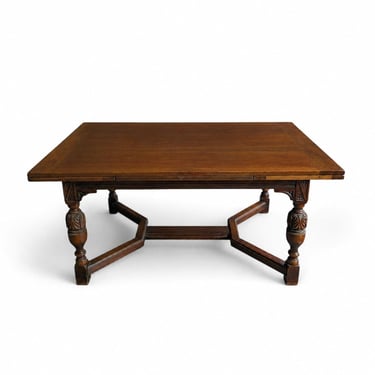 Vintage Walnut Jacobean Revival Refectory Dining Table with Carved Base 
