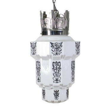 Antique Art Deco Pendant Light with Crown Fixture in Polished Nickel with Black Stencil Milk Glass Shade  #2212 