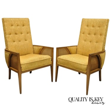 Mid Century Modern Hollywood Regency Sculpted Wood & Cane Lounge Chairs - Pair