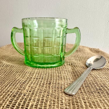 Vintage Hazel-Atlas Green Uranium or Vaseline Glass Open Sugar Bowl: Colonial Block pattern, Double Handle Jam Jar, Honey Pot, Spooner 