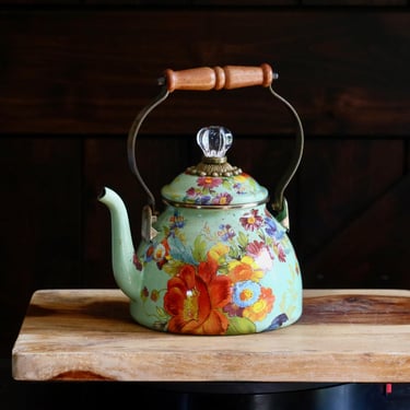 Vintage MacKenzie Childs Teapot, Retro Kitchenalia, Enameled Floral Green Teapot w/ Wooden Handle and Crystal Finial Lid, Cottagecore Charm 