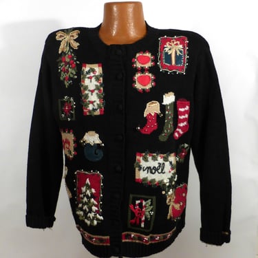 Ugly Christmas Sweater Vintage 1980s Cardigan Holiday Tacky Xmas Party Women's size L 